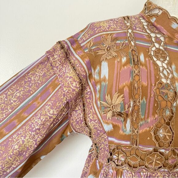 Free People Augustine Mini babydoll dress Brown Pink NWOT size XS Rare - Picture 5 of 13